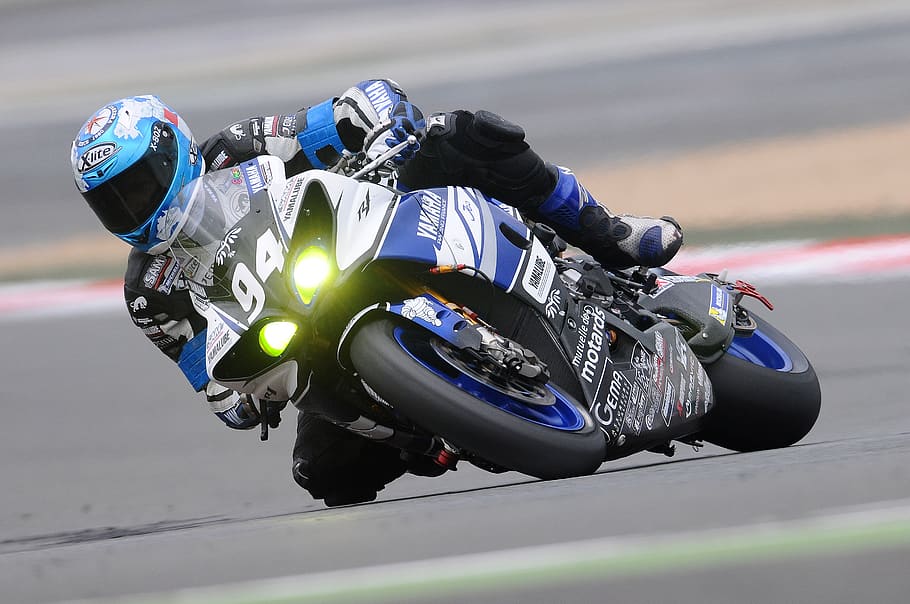 Blue Yamaha R1, bike racing, biker, moto racing, motorbike, motorcycle racer, HD wallpaper