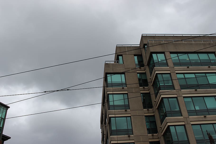 dublin, ireland, clouds, blue, building, cables, gray, window HD wallpaper