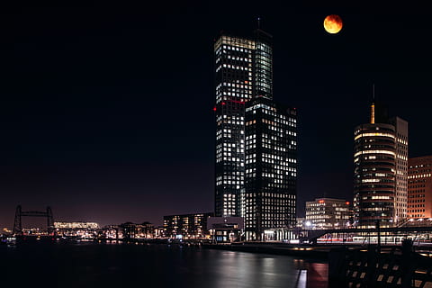 rotterdam, night, moon, skyscraper, skyline, urban, buildings HD wallpaper