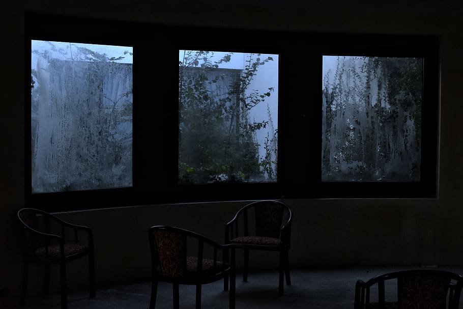 empty chairs near window, indoors, table, seat, no people, absence HD wallpaper