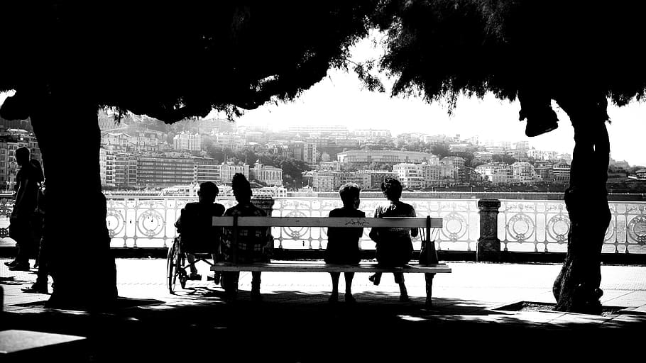 four people sitting on bench, person, human, silhouette, san sebastián, HD wallpaper