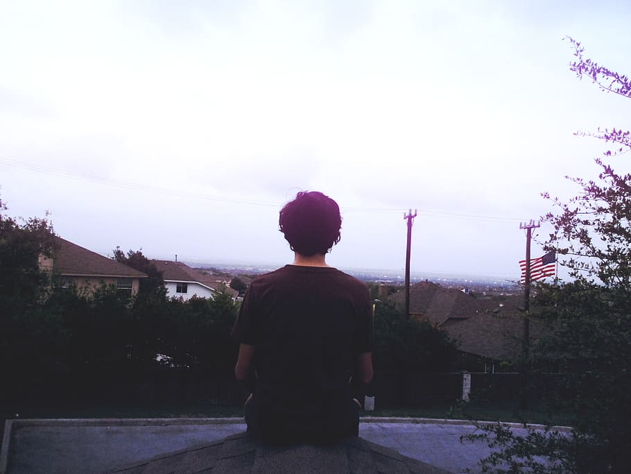 person, rooftop, one person, rear view, real people, lifestyles HD wallpaper