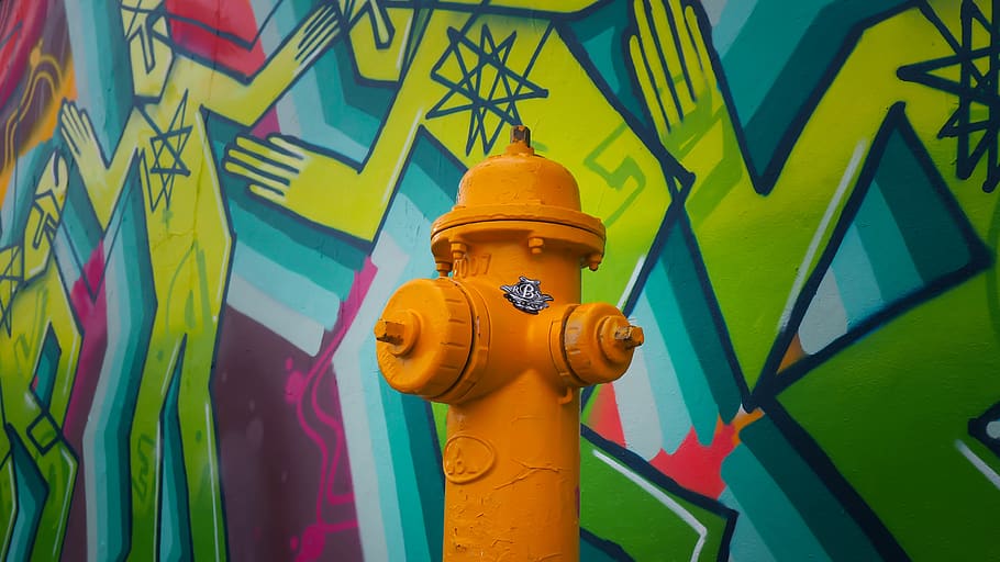 orange fire hydrant near mural wall, built structure, architecture HD wallpaper