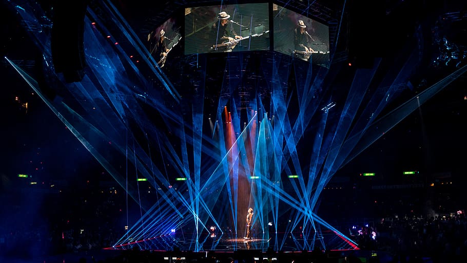 blue stage light, lighting, laser, spotlight, led, concert, crowd, HD wallpaper