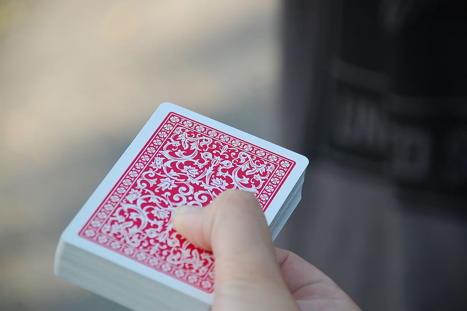 Person Holding Red-and-white Floral Playing Cards, blur, close-up