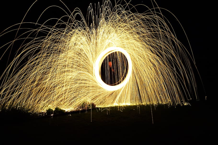 fire, steelwool, night, circle, illuminated, wire wool, motion HD wallpaper