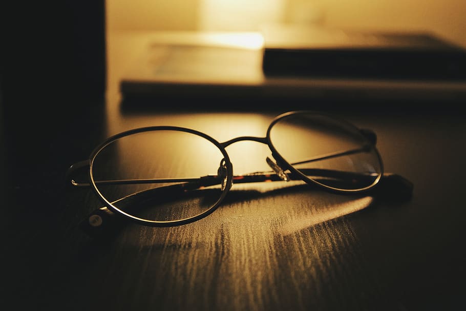 eyeglasses, eyewear, table, dark, room, office, light, indoors HD wallpaper