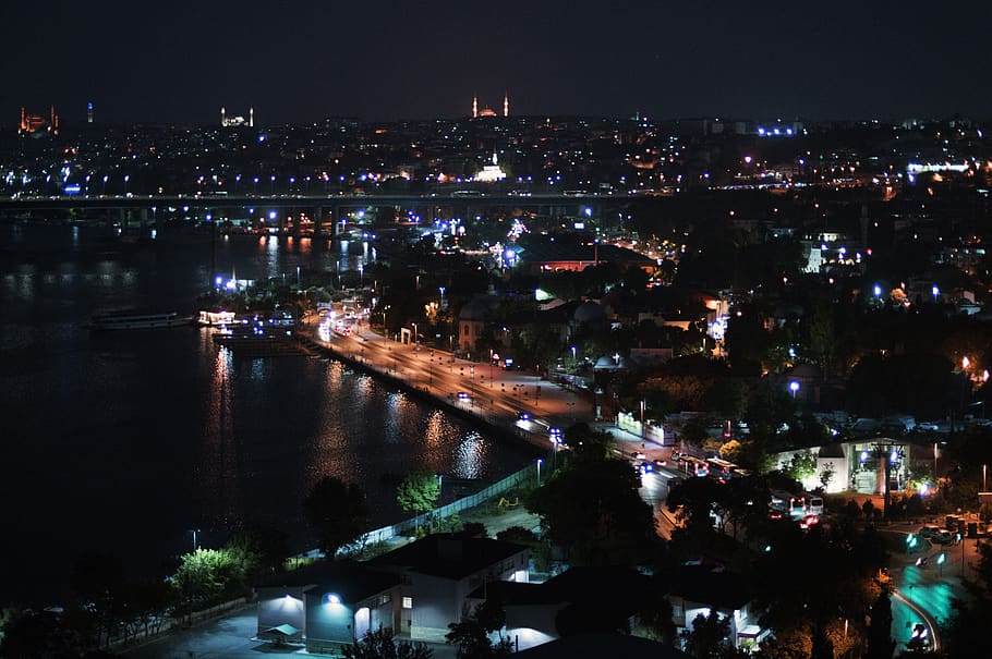 turkey, istanbul, river, night, lights, riverwater, street HD wallpaper