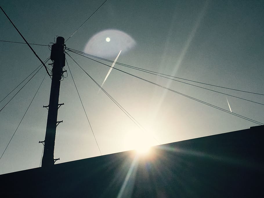 sun, sky, light, plane, airplanes, ambient, calm, sunrise, cable HD wallpaper