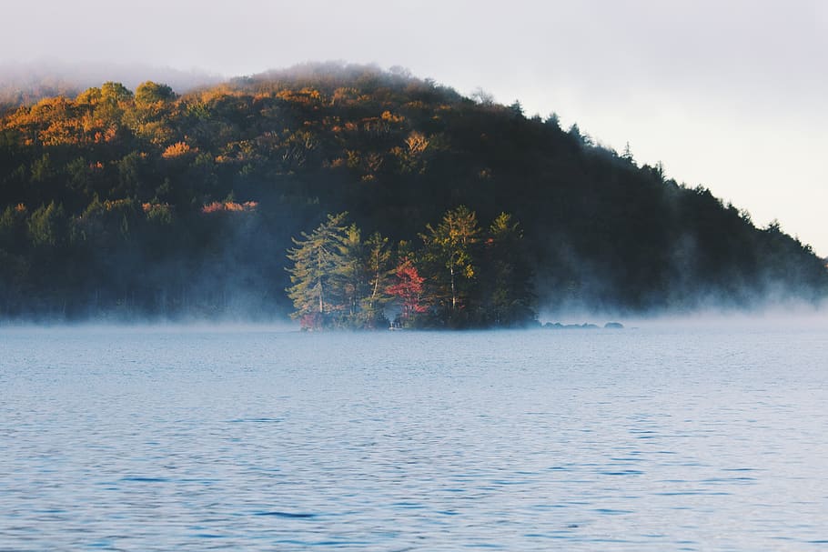 mountain, highland, trees, plant, nature, lake, water, sky HD wallpaper