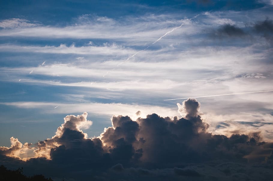 sky, clouds, skyscape, blue, sunset, light, nature, heaven HD wallpaper