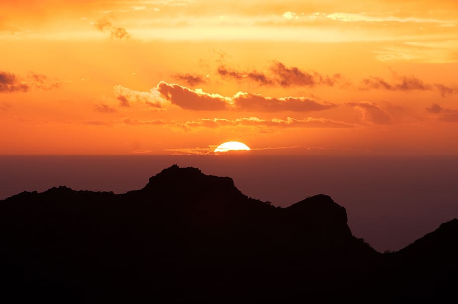 Silhouette of Mountain Under Sunset, clouds, sky, sunrise, beauty in nature HD wallpaper