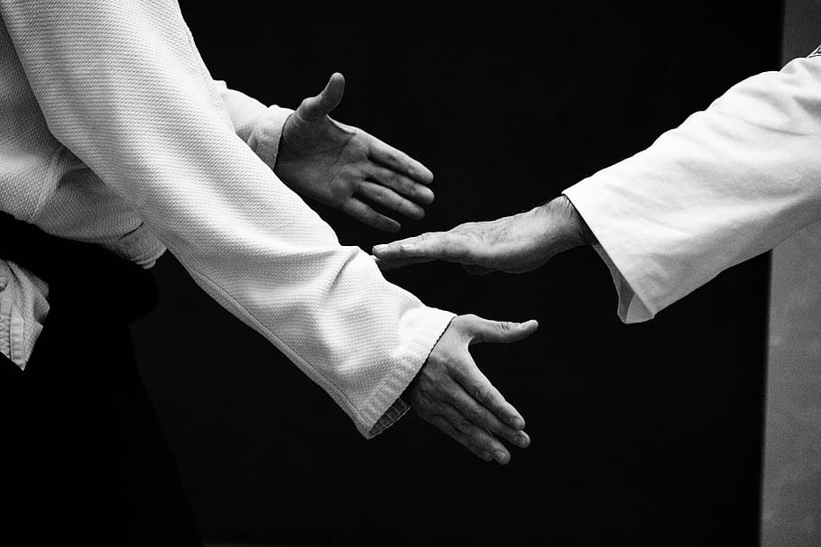 aikido, self-defense, training, hand, two people, human hand, HD wallpaper