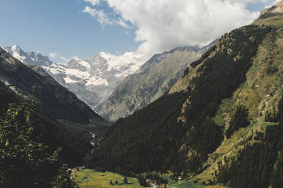 Mountain With Trees, adventure, beautiful, clouds, daylight, green HD wallpaper