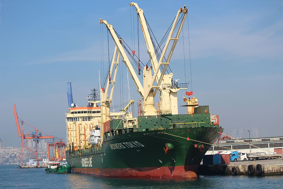 ship, port, customs, crane, shipping, marine, sky, beach, travel, HD wallpaper