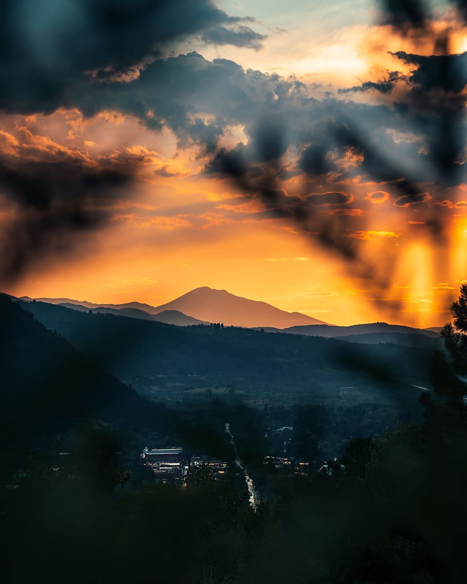 silhouette of mountains during sunset, tree, forest, colorado HD wallpaper