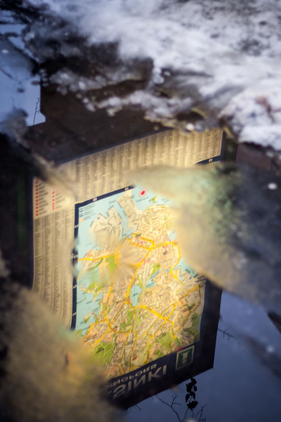 helsinki, map, finland, slush, winter, water, rain, snow, reflection, HD wallpaper