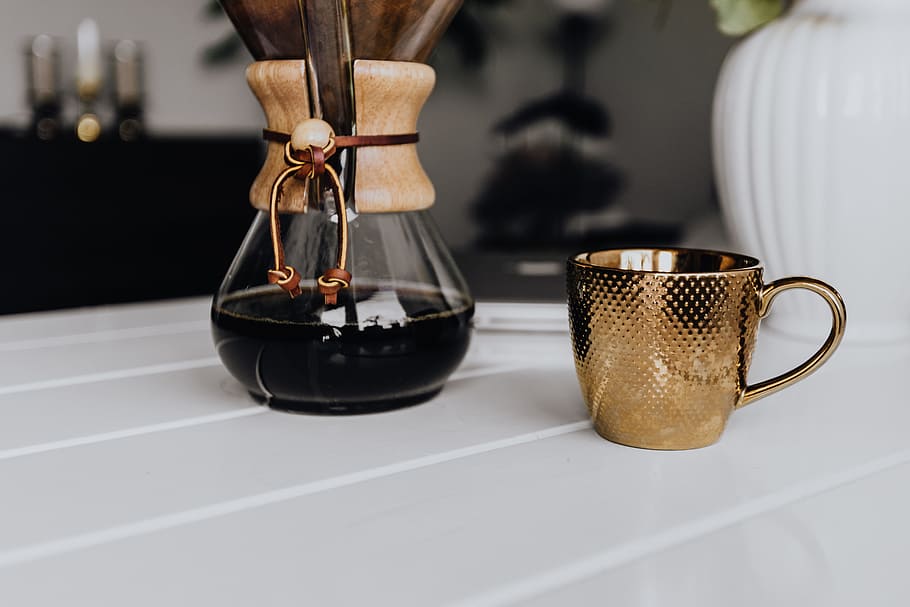 Chemex Coffee Maker with Gold Cup, morning, break, cafe, mug, HD wallpaper