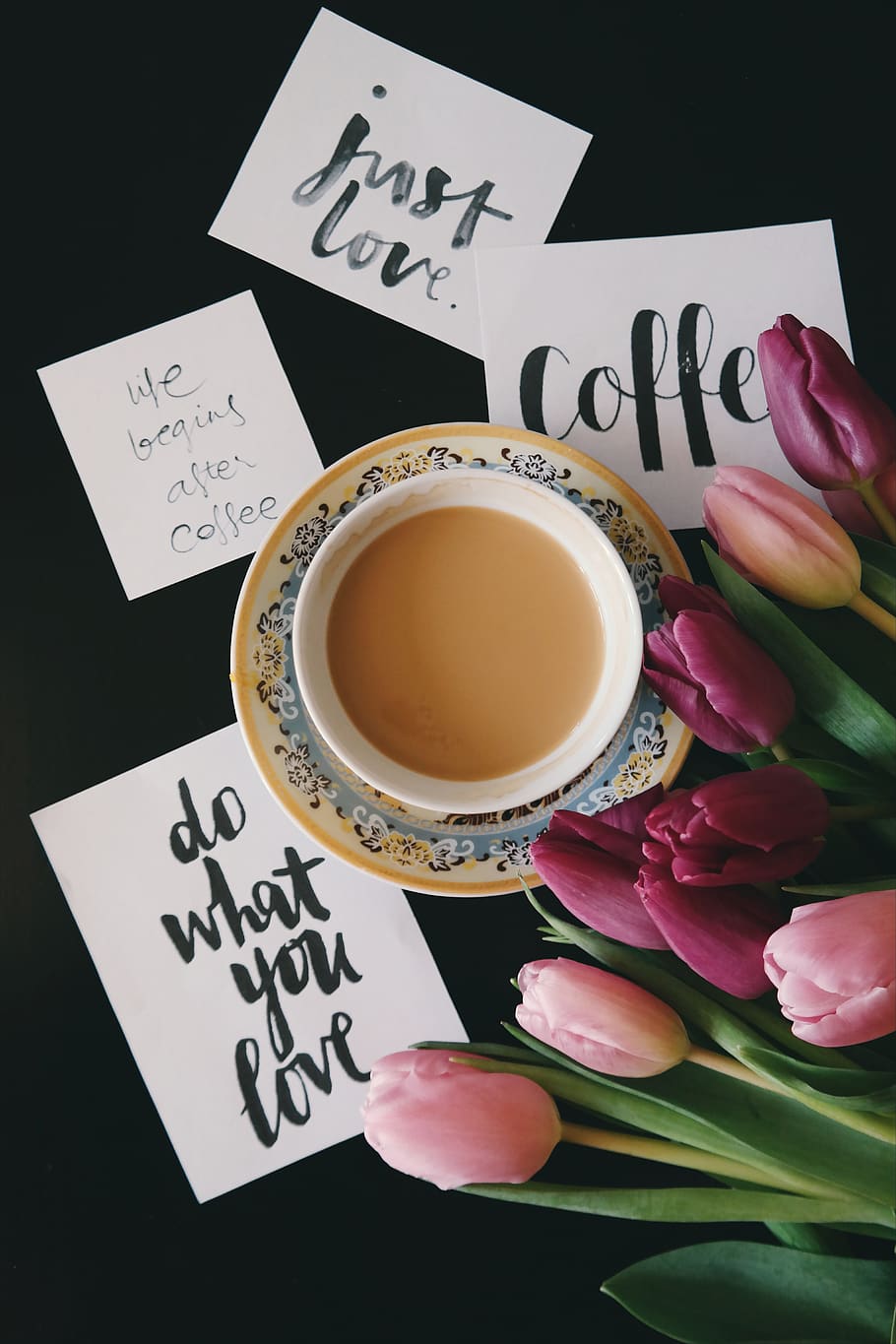 Motivational notes next to a cup of coffee., mug, coffee love
