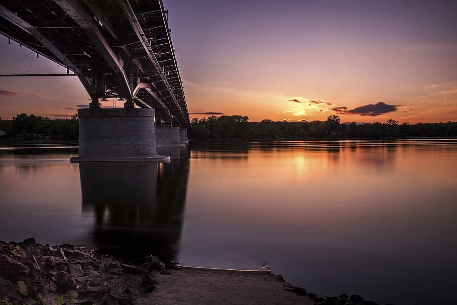 Gray Metal Bridge Above Body of Water, dawn, evening, landscape HD wallpaper