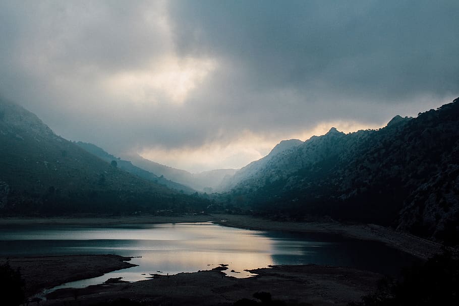 spain, sóller, nature, mountains, mallorca, lake, sunset, rooszan HD wallpaper