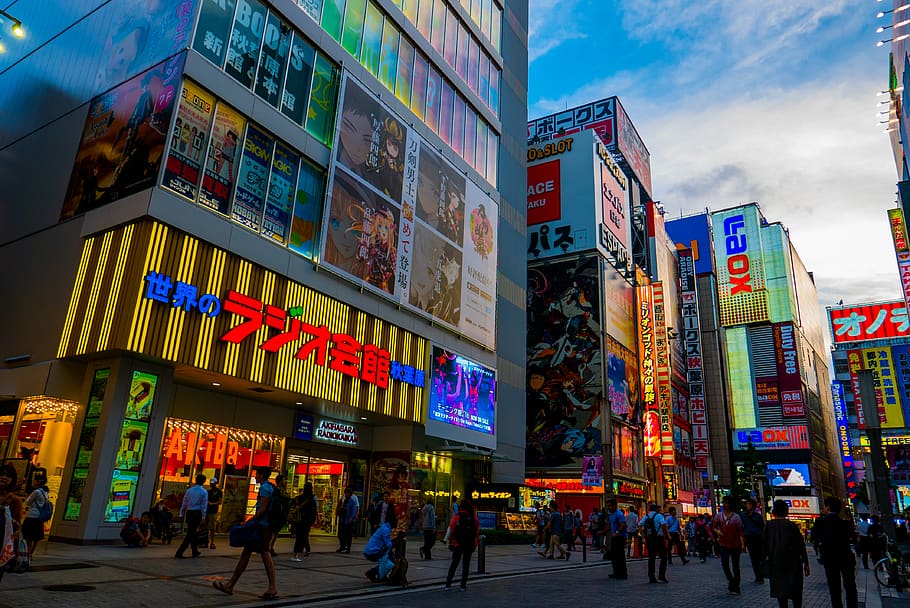 akihabara, japan, taito, neon, tokyo, anime, sunset, evening