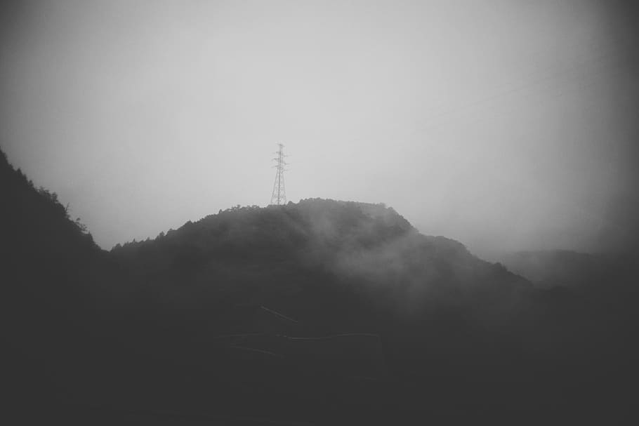 japan, mountain, power cable, mist, fog, sky, technology, tranquil scene HD wallpaper