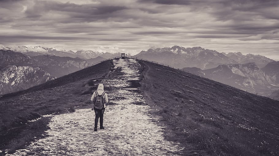 black, white, hiking, mountain, lonely, view, monte baldo, italy HD wallpaper