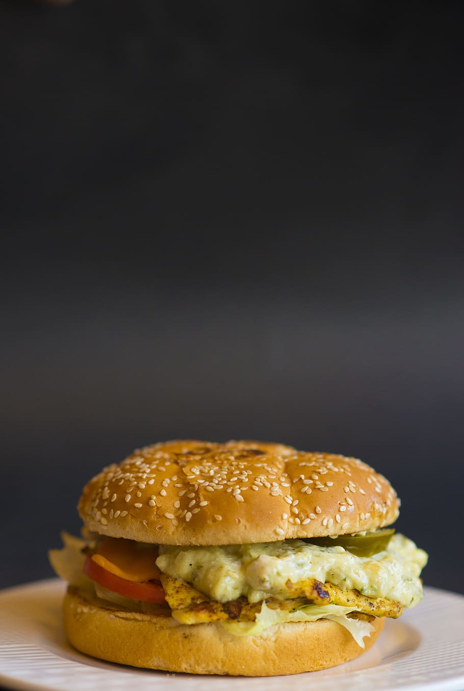 egg and tomato burger on white ceramic plate, food, sandwich HD wallpaper