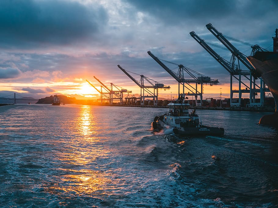 oil rigs on body of water, sky, cloud - sky, sunset, sea, transportation