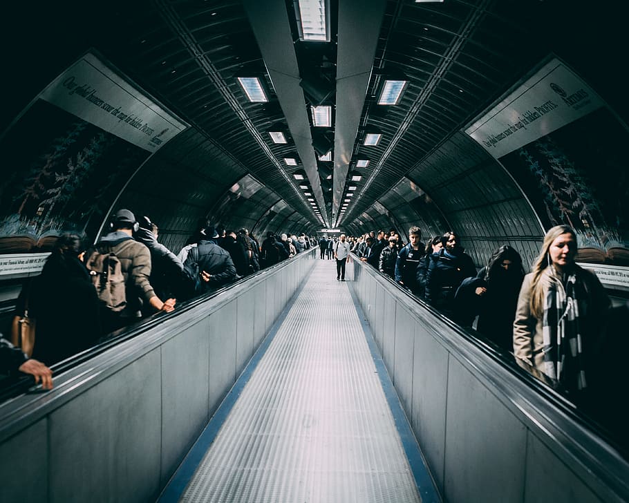 People On Walkalator, escalator, fast, tunnel, group of people HD wallpaper