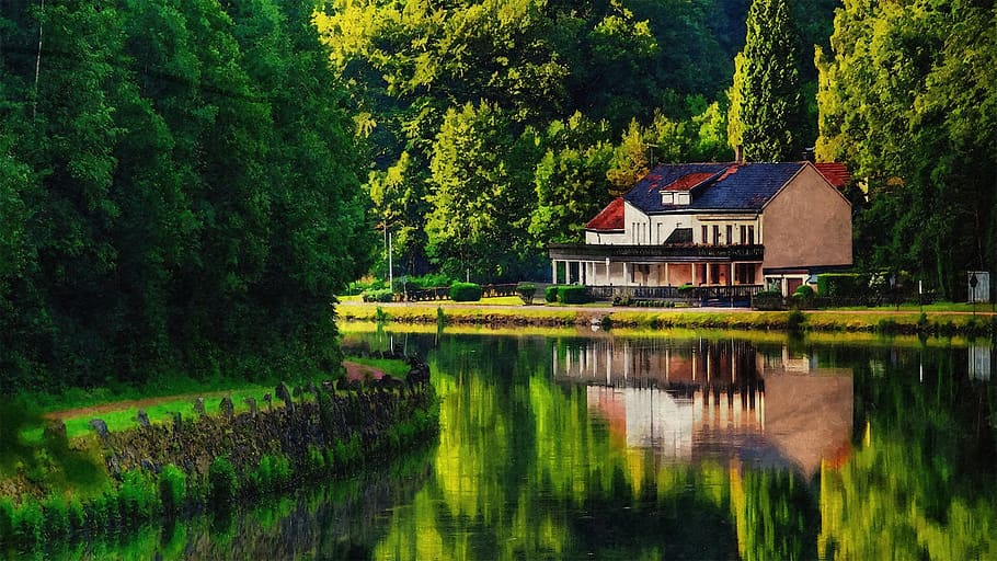 outdoor, water, reflection, trees, art, landscape, house, plant HD wallpaper