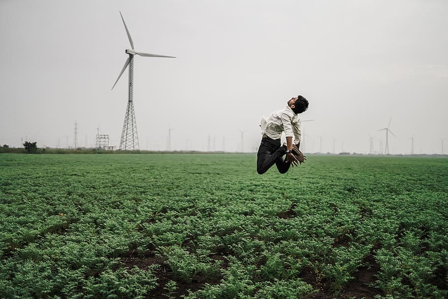 nature, wind, jump, levitate, levitating, sky, wind mill, fans HD wallpaper