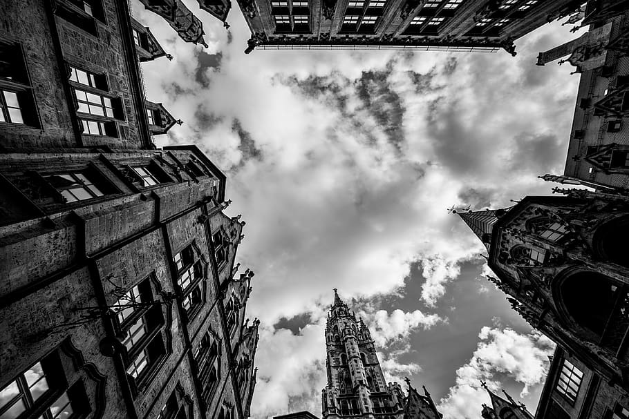 germany, munich, sky, architecture, black and white, #lookup HD wallpaper