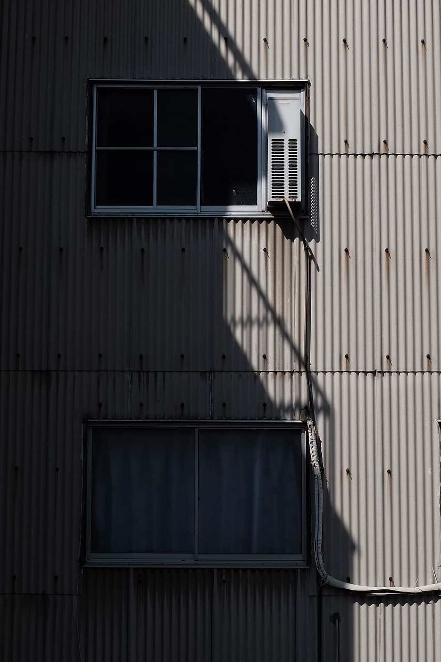 two windows from outside a building, home decor, appliance, air conditioner