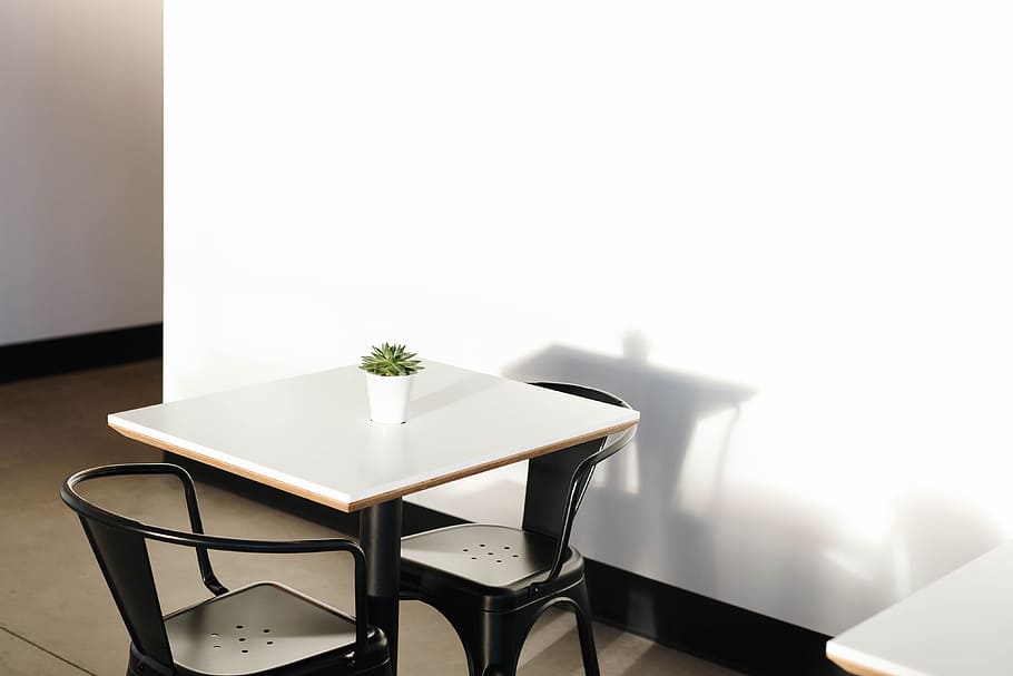 square white wooden table with two black metal chairs, seat, empty, HD wallpaper