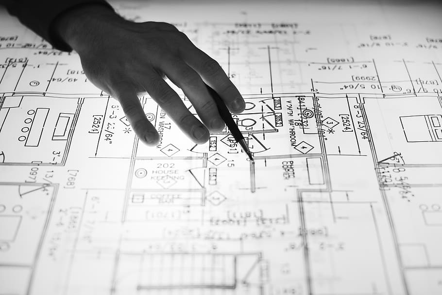 Person Holding Pen Point On Blueprint, architect, architecture
