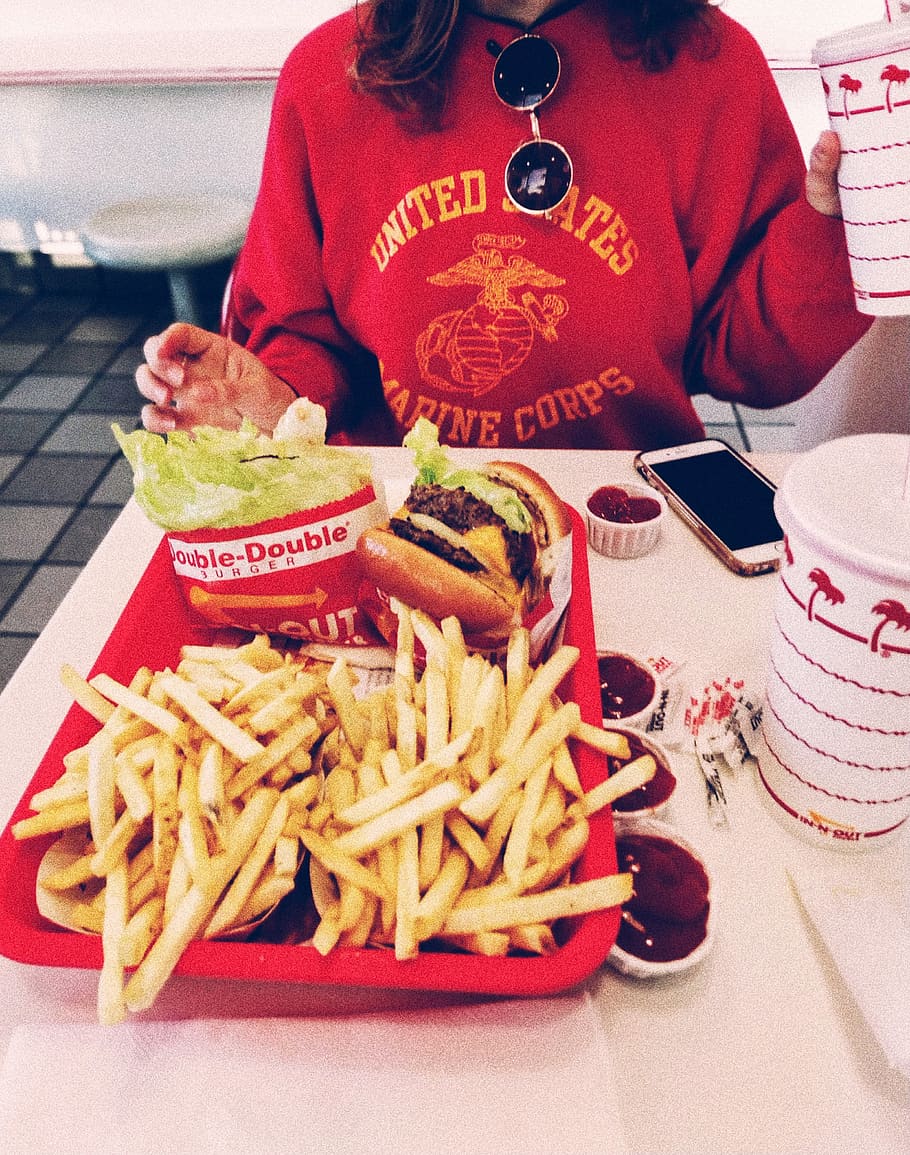 fries and burger in red container, french fries, food and drink HD wallpaper
