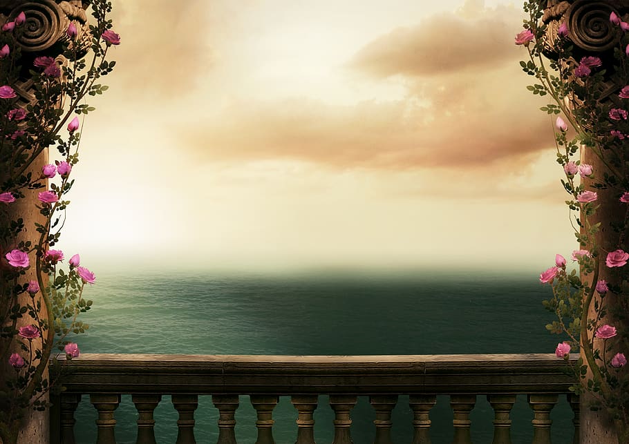 fantasy, background, sea, columnar, balustrade, ranke, roses, HD wallpaper