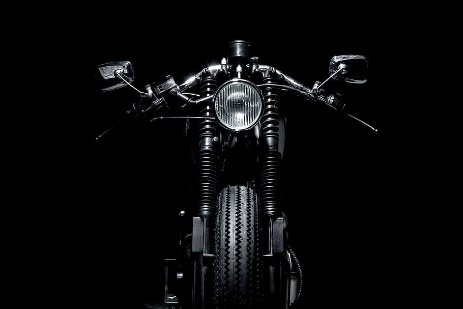 black motorcycle, light, machine, headlight, tire, wheel, transportation