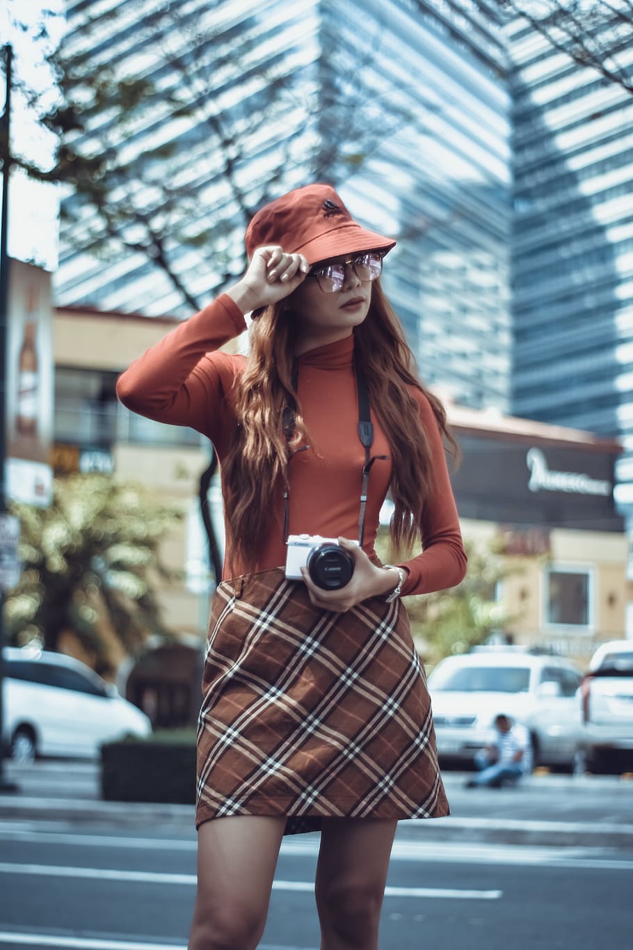 Woman Holding Her Hat While Holding Her Camera, #girl, #lady