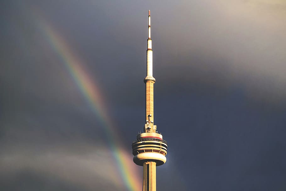 Beige Tower, architecture, building, high, landmark, modern, rainbow HD wallpaper