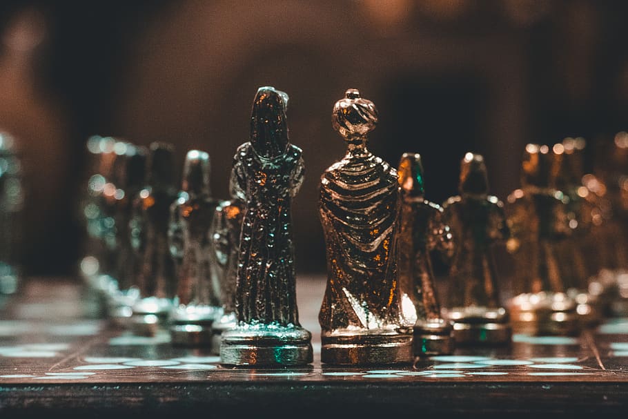 Bokeh Photo of Chess Pieces, blur, figures, figurine, gold, indoors, HD wallpaper