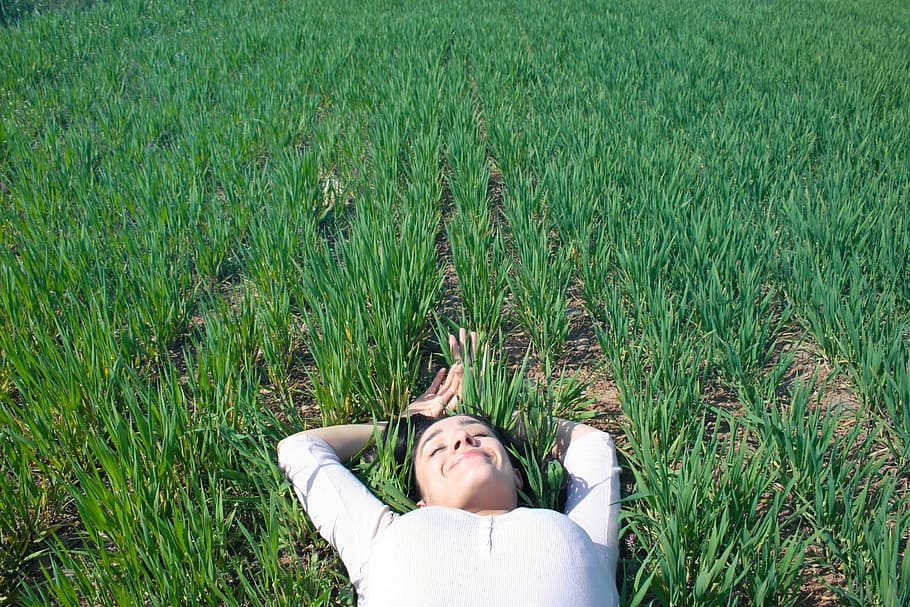 Young Woman in white top laying on back with hands above head on the grass, HD wallpaper