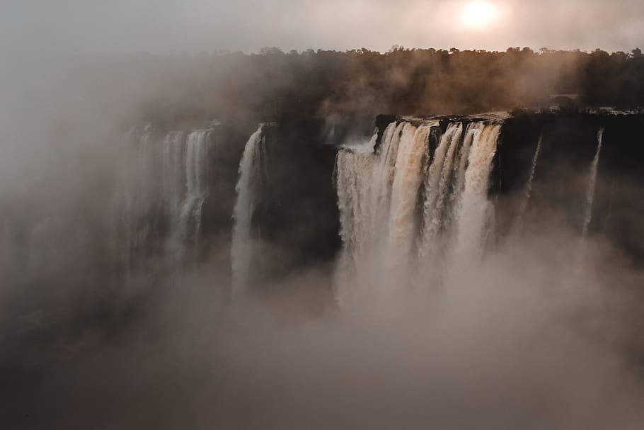 Waterfalls Cascading Near Forest, beautiful, cascade, flow, fog HD wallpaper