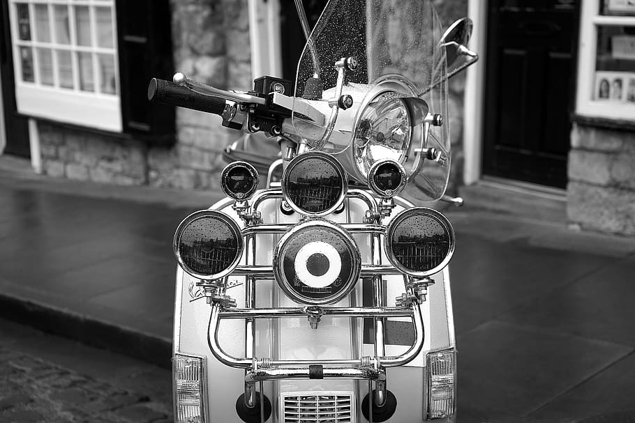 Grayscale Photo of Scooter Motorcycle, antique, auto, black and-white, HD wallpaper