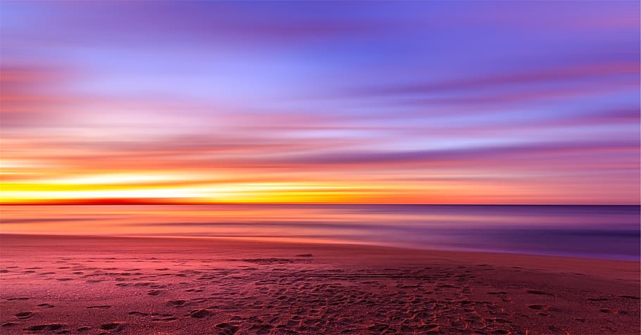 sunset, purple, sky, beach, sand, footprints, shore, water HD wallpaper