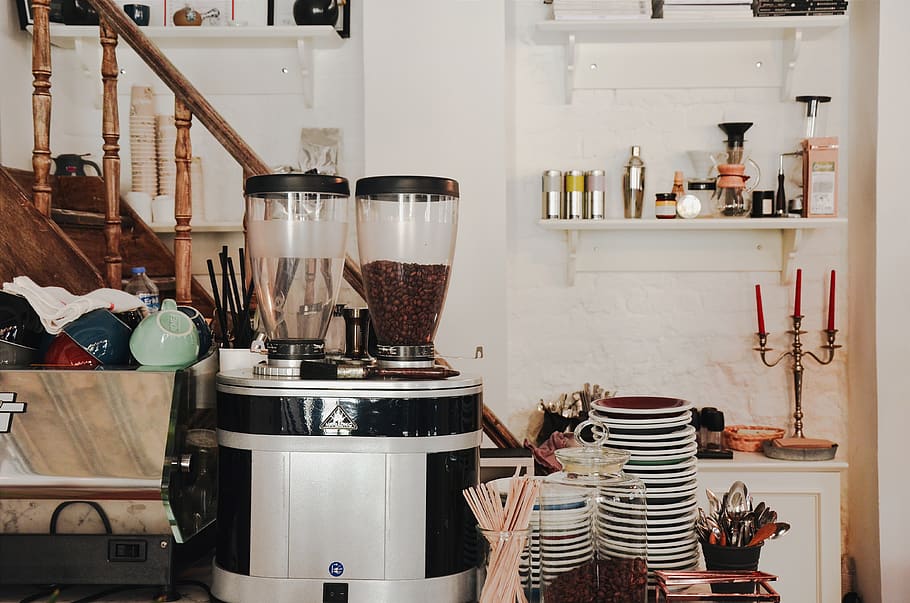 Coffee Grinder, café, coffee shop, indoors, plates, kitchen HD wallpaper