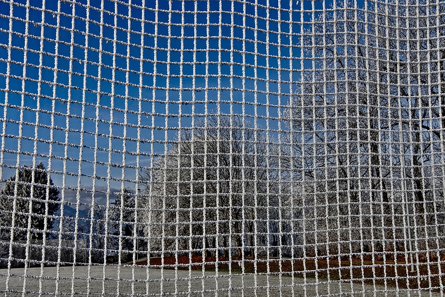 grid, frost, cold, crystal formation, wire mesh, metal, built structure, HD wallpaper