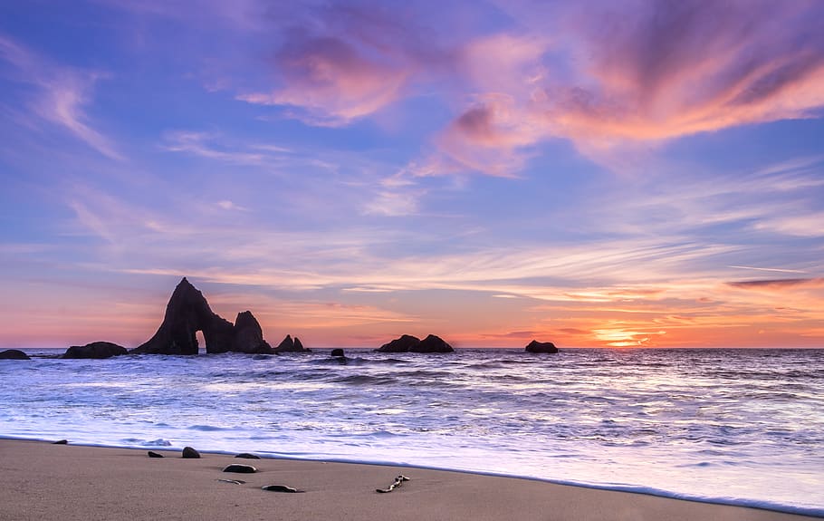 Sea and Rock Formation Photo, beach, blue, dawn, evening, horizon HD wallpaper